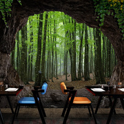 3d立体墙布背景墙山洞，大自然视觉延伸墙纸餐饮，店茶室定制森林墙布