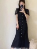 SELF-POR 连衣裙 2024春夏黑色方领蕾丝高腰气质长裙子女