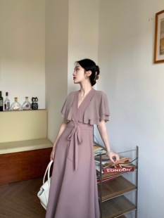 「槿紫香芋」法式复古优雅披肩v领长裙夏季小众收腰显瘦连衣裙女