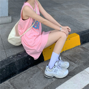 中长款无袖背心裙学生睡衣T恤女夏季睡裙pink家居服ins韩国背带裙