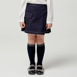 110-155韩系高端女童藏蓝色大口袋薄牛仔松紧腰裙裤