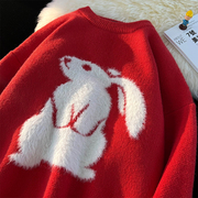 eq152冬季港风北极绒兔年卡通，红色圣诞毛衣针织衫情侣外套p70