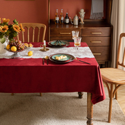 红色新年桌布北欧轻奢丝绒台布高端长餐桌布简约纯色圆桌茶几垫