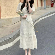 22年法式重工白色纯棉镂空水溶蕾丝女收腰显瘦夏方领中长款连衣裙
