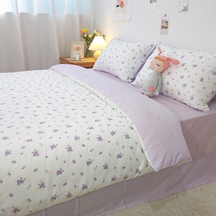美式紫色小清新碎花全棉床上四件套纯棉田园风被套床笠床单三件套