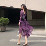 紫色雪纺连衣裙女神设计感小众，夏装2023高级感轻熟超仙裙子