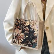 学生韩版手提包包女时尚亚麻提饭袋日系ins帆布手拎饭盒包