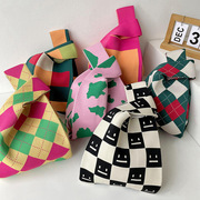 韩版小众设计撞色条纹格子手拎包百搭针织手腕包伴手礼糖果礼物袋