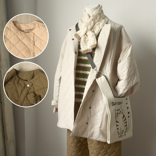 日本sm2先于  设计感毛呢棉衣拼接圆领日系宽松开衫中长外套