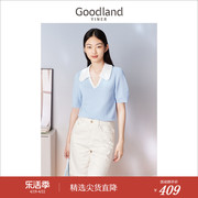 goodland美地女装，夏季时尚百搭撞色翻领，短袖针织衫套头