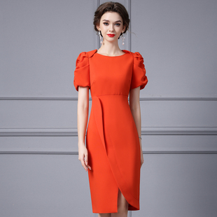 枝荔法式连衣裙高级感2024夏季正式场合橘色泡泡，袖设计感裙子