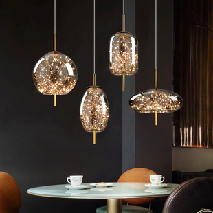 北欧简约轻奢吧台咖啡厅设计师餐厅卧室床头全铜玻璃满天星小吊灯