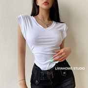 liviahome 纯欲辣妹V领小飞袖T恤女夏季弧形下摆修身高腰短款上衣