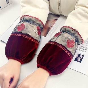 秋冬金丝绒蕾丝短款羽绒服手袖防污护袖套成人女士，学生红色套袖头
