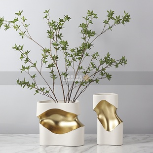 现代轻奢陶瓷花器金色花瓶花艺样板房设计师客厅茶几插花摆件装饰