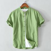 棉麻T恤男士夏季日系复古亚麻短袖体恤中国风白色POLO衫立领衬衫