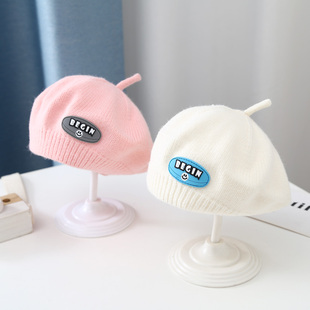 小月龄婴幼儿帽子秋季冬款韩版男女宝宝针织毛线，贝雷帽洋气画家帽