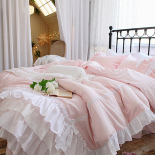 法式韩式公主风蛋糕蕾丝纯色全棉纯棉床裙式床上用品被套四件套
