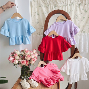 女童纯棉T恤夏季宝宝儿童薄款荷叶边喇叭中袖娃娃衫上衣韩版洋气