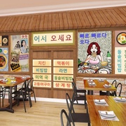 卡通手绘韩国烤肉店壁纸韩式料理店主题餐厅烧烤店装饰装修墙纸