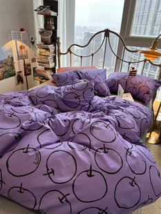 ins紫色苹果床上四件套全棉，纯棉宿舍1.5m1.8少女心被套床单三件套