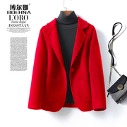 羊绒大衣女短款西装领红色，修身小西服妮子春秋气质羊毛呢外套