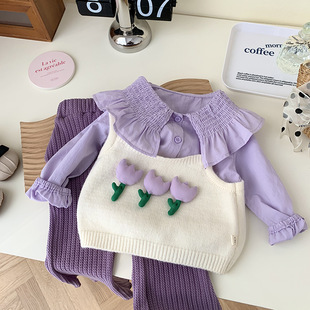 女童春装时髦清新紫色针织吊带，衬衫套装0-5岁儿童花朵上衣喇叭裤