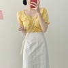 韩国chic夏季设计感皱褶V领短袖衬衫+高腰蕾丝刺绣半身裙两件套装