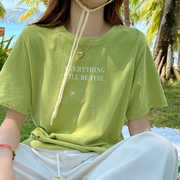 绿色圆领短袖T恤女宽松2024设计感小众半袖体恤夏季正肩上衣