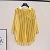 黄色条纹衬衫女2023秋季韩版蝙蝠袖中长款衬衣，设计感休闲上衣
