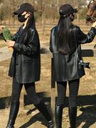 休闲皮衣外套女士，2024春秋韩版宽松时尚，黑色小西装pu机车夹克