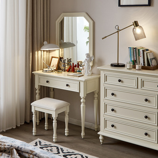 美式全实木梳妆台白色卧室，现代简约小户型地中海，网红化妆桌妆凳