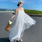 超仙礼服长裙海边度假裙，白色珍珠蝴蝶蕾丝仙，女网纱长款吊带连衣裙