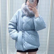 韩国狐狸毛领围脖羽绒服女2023冬设计感时尚洋气收腰系带中长外套