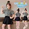 韩版中大儿童套装夏季2024女孩，洋气时尚短格子，衬衫裙裤两件套