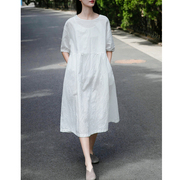 白色棉麻连衣裙女装高级感夏季薄款文艺，宽松遮肚气质妈妈孕妇度假