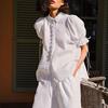 欧美夏季泡泡袖系带白色宽松棉麻短袖宽松休闲女式衬衣