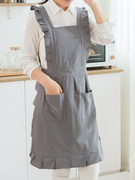 日系洋气纯棉围裙家用厨房纯色木耳边背带家务清洁防油污工作服女