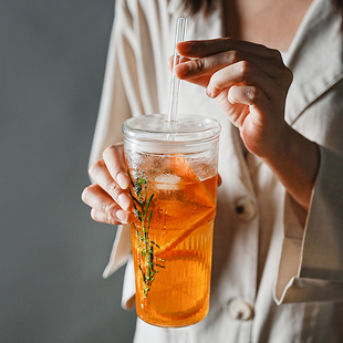 复古浮雕玻璃吸管杯大人带盖奶茶柠檬水杯大容量创意情侣杯高颜值