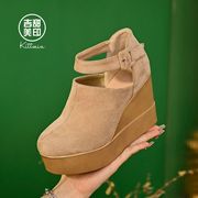 厚底时装靴女韩版坡跟圆头小短靴2024年秋季高跟瘦瘦踝靴