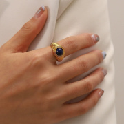 欧美INS网红摩登同款流行戒指18K金不锈钢椭圆青金石戒指女士指环