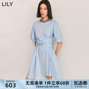 LILY2024夏女装设计感系带气质优雅纯色显瘦温柔高腰款连衣裙
