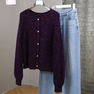 紫色花纱线衫显瘦圆领温，柔风插肩袖春针织，开衫外套女毛衣n661