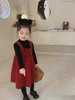 女童背心裙秋冬装2023红色，韩版洋气裙子，儿童时髦小公主吊带裙
