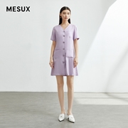 MESUX米岫夏季女装V领西装连身裙小个子短袖连衣裙女MLMUO451