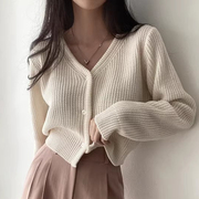 韩国chic秋季小众复古v领单排扣宽松休闲百搭长袖针织开衫外套女