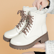 米白色马丁靴女2023春秋，单靴秋冬季加绒保暖中跟皮鞋英伦风女短靴