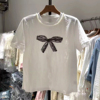 法式钉珠蝴蝶结白色短袖t恤女夏2024洋气减龄蕾丝体恤衫16583