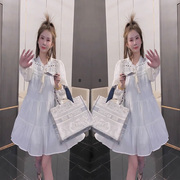 小清新长袖高级感白色衬衫裙韩版设计气质收腰休闲宽松减龄连衣裙