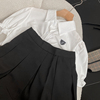 白色翻领短袖皱褶雪纺衬衫黑色A字半身裙套装时尚休闲洋气G$10